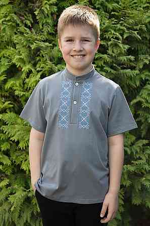 Вишиванка для хлопчиків, короткий рукав, сіра, бавовна, топ Київ