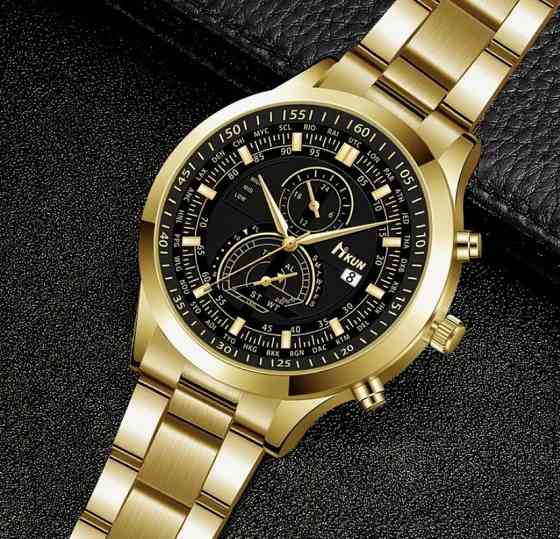 Подарунковий набір для чоловіків наручний годинник з браслетом і ланцюжок з хрестиком золотистий Київ