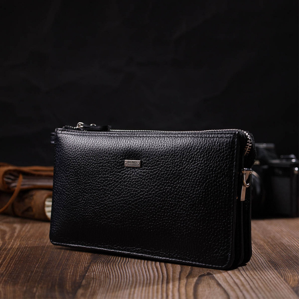 Цікавий клатч на два відділення з натуральної шкіри флотар BOND 22047 Чорний Київ - фото 6