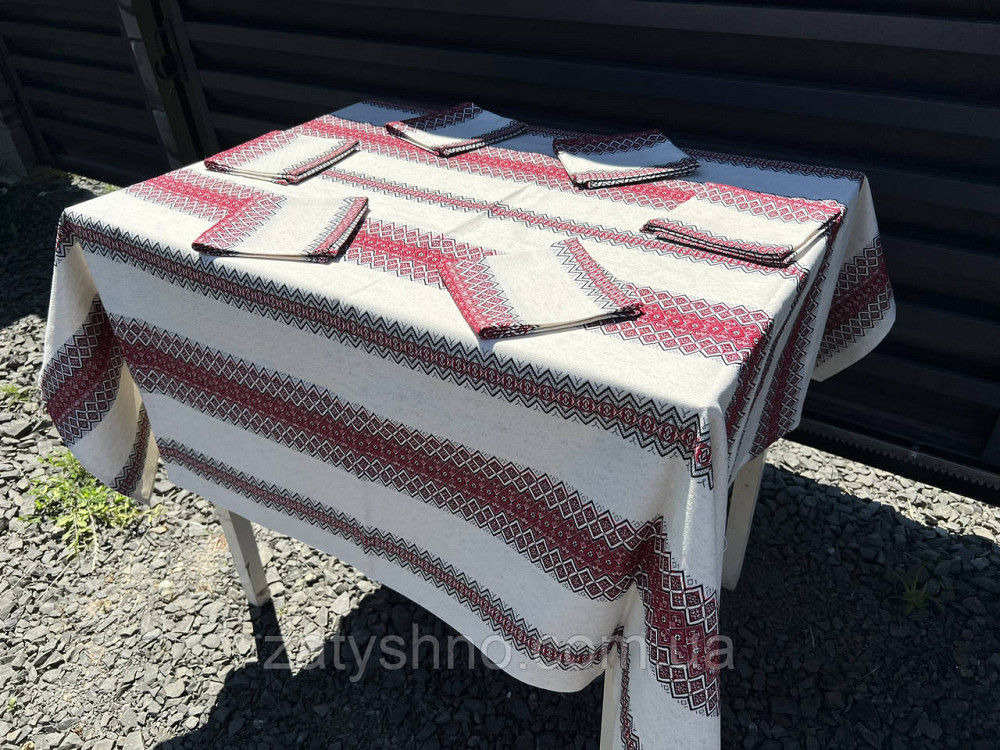 Вишита червона скатертина на льону Київ - фото 5