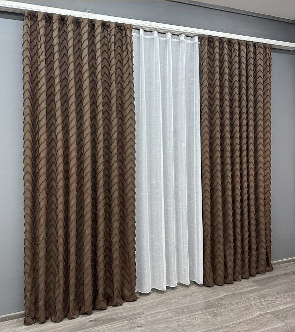 Комплект штор VR-Textil Лен Букле 150х270 2шт и Тюль 600х270 1814ш-115т Коричневый с белым 71-037/5 Киев - изображение 3