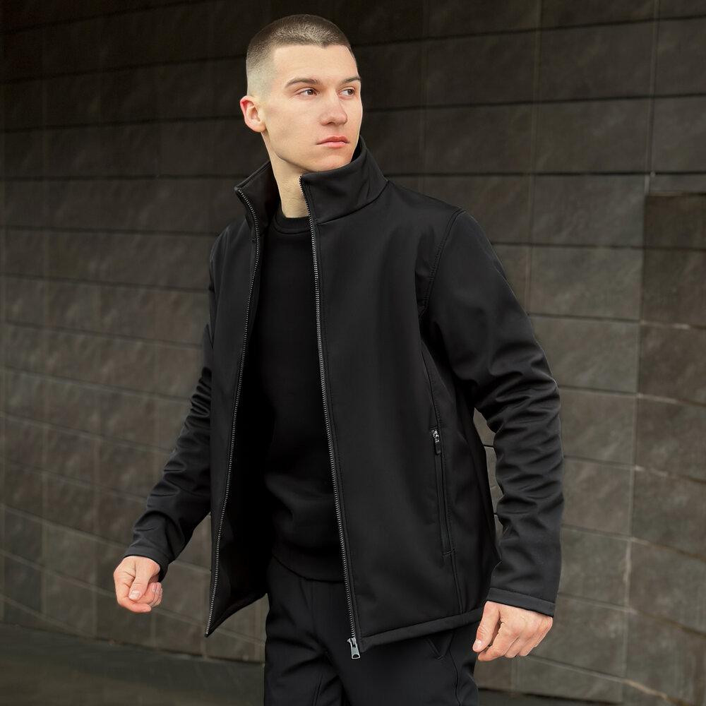 Чорна чоловіча демісезонна куртка із софтшеллу з кишенями Pobedov Shadow Київ - фото 6