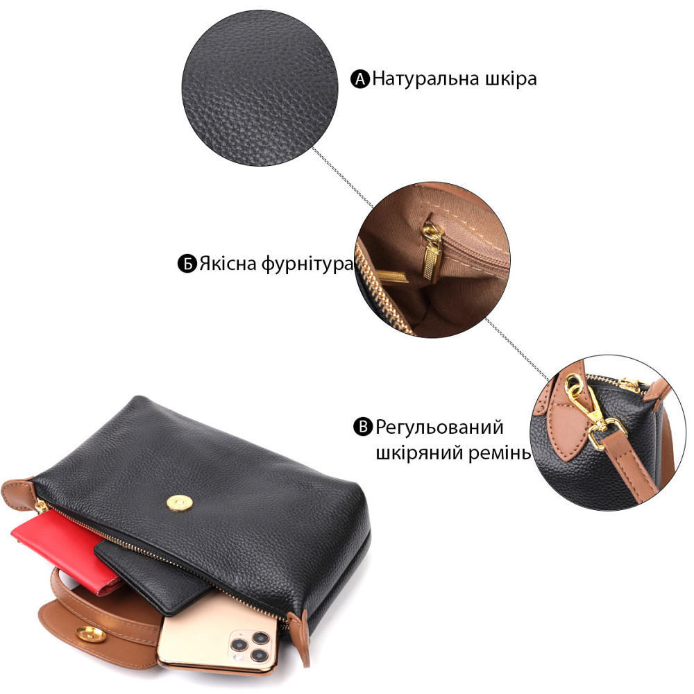 Стильная женская сумка с интересным клапаном из натуральной кожи Vintage 22252 Черная Киев - изображение 4