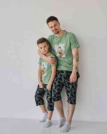 Подростковый комплект с шортами на мальчика Tom John - Мишка на серфе - Family look папа/сын 89900 10-11, Хаки Киев