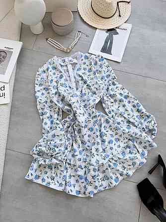 Женское романтичное мини платье в цветочный принт с кружевом софт / штапель 44/46, Голубой Одесса