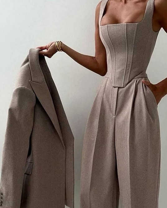 Женский теплый брючный костюм тройка: пиджак топ и штаны кашемир елка Беж, 44 Одесса - изображение 5