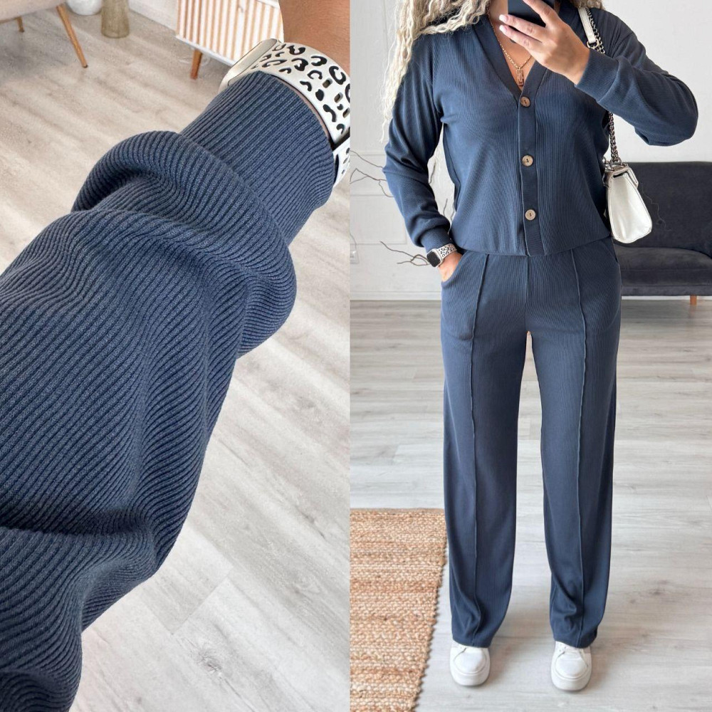 Жіночий стильний повсякденний костюм-двійка: кардиган на ґудзиках + штани трикотажний рубчик Графіт, 50/52 Одеса - фото 10