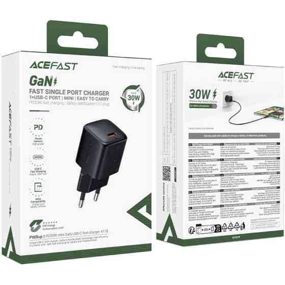 Зарядний пристрій 1xUSB-C 30W Gan A118 Fast Charger black Acefast Винница