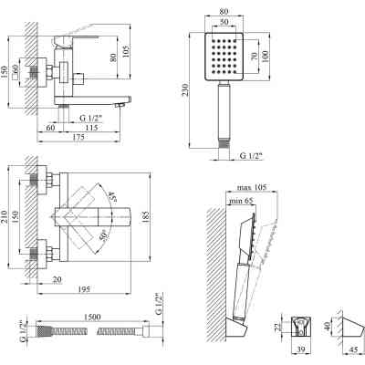 Душовий гарнітур Kroner Edelstahl Kubus-ESG010 + змішувач Edelstahl Kubus-ESG060 + штанга для душу Edelstahl Kubus-ESG23 (CVS30151) Вінниця