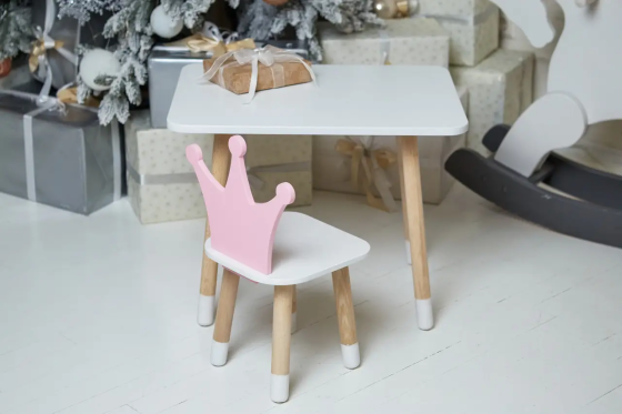 Дитячий прямокутний столик (Білий) та стільчик Корона (Розовая) Київ