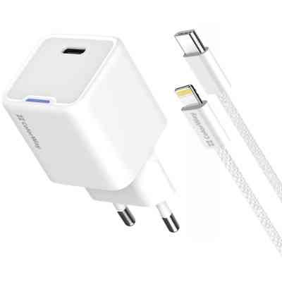 Зарядное устройство ColorWay C101D GaN Mini 20W PD PPS USB-C + cable USB-C to Lightning white (CW-CHS059PDL-WT) Винница