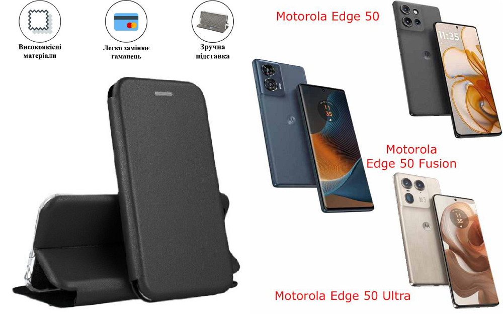 Чехол-книжка с силиконом для Motorola Edge 50, Edge 50 Fusion, Edge 50 Ultra, черный Киев - изображение 1
