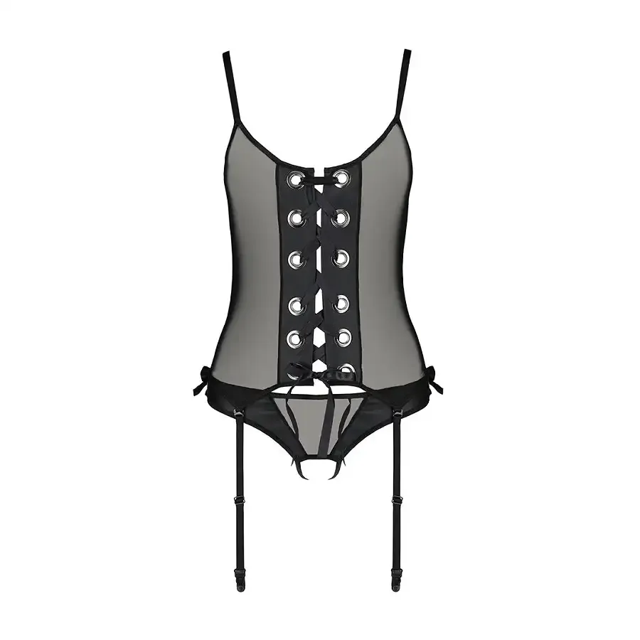 Корсет зі шнурівкою Passion NESSY CORSET XXL/XXXL black, стрінги з відкритим доступом, пажі для панч Львов - изображение 3
