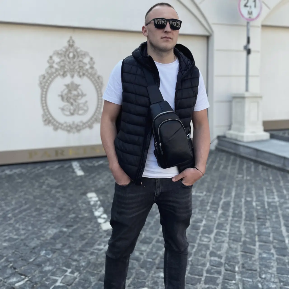 Сумка слинг мужская через плечо 17х32х8, бананка из натуральной кожи TIDING BAG A25F-515-1A черная Киев - изображение 6