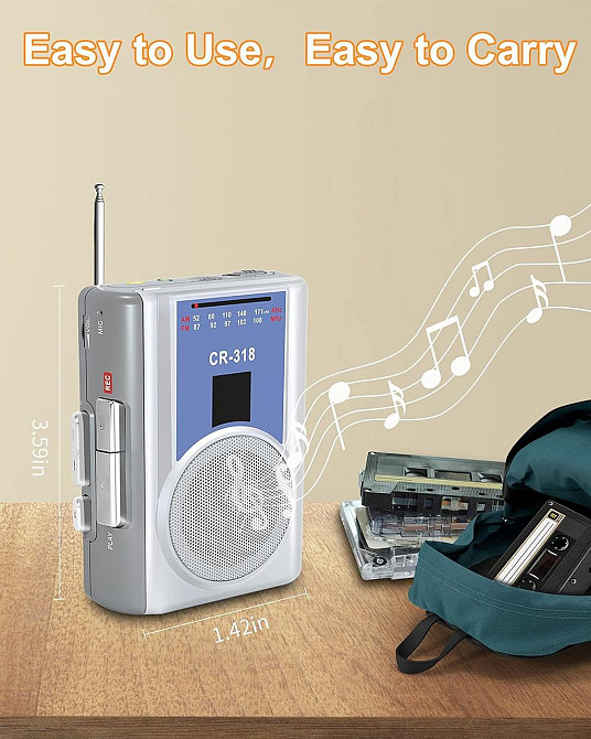 Магнитофон с AM FM портативный винтажный магнитофон с разъемом для наушников встроенный микрофон громкоговоритель для прогулок, Днепр - изображение 5