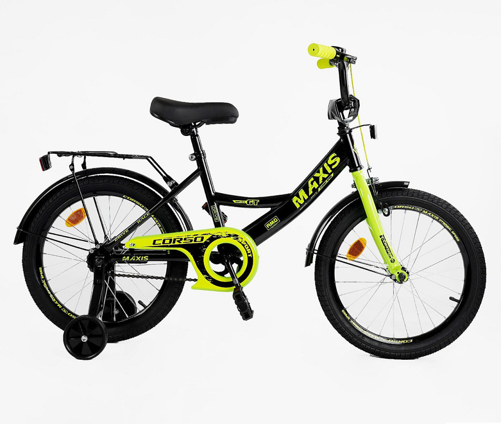 Велосипед Corso MAXIS двоколісний 18 дюймів з додатковими колесами дзвіночком багажником Чорно-салатовий (CL-18130) Чернигов - изображение 2