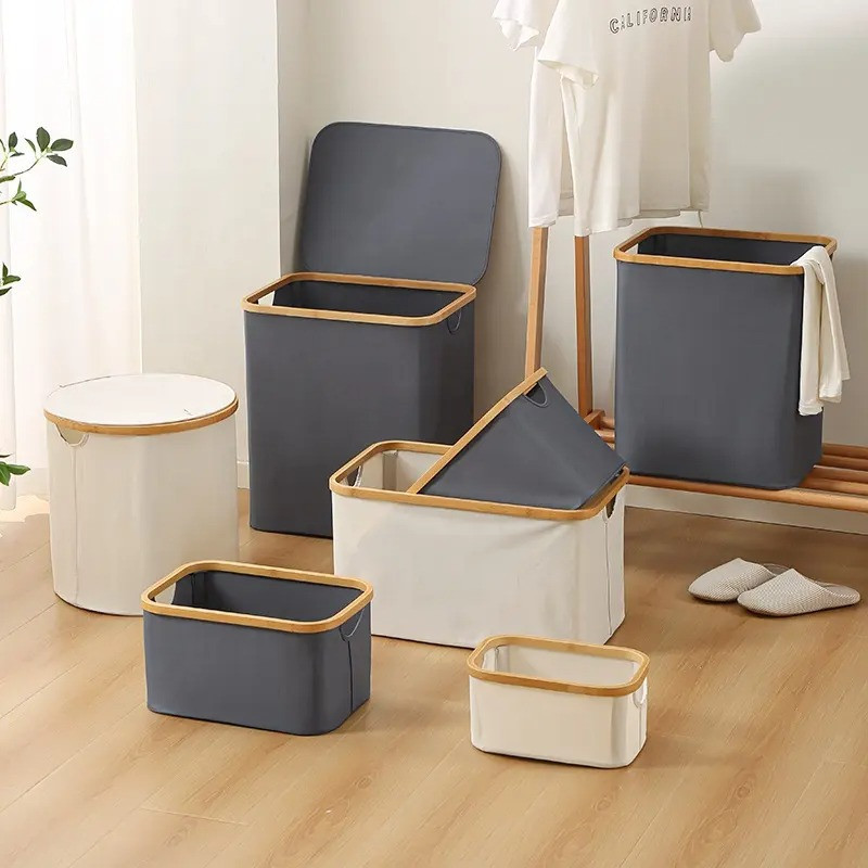 Корзина для белья складная с бамбуковыми ручками и крышкой,белая Каменец-Подольский - изображение 2