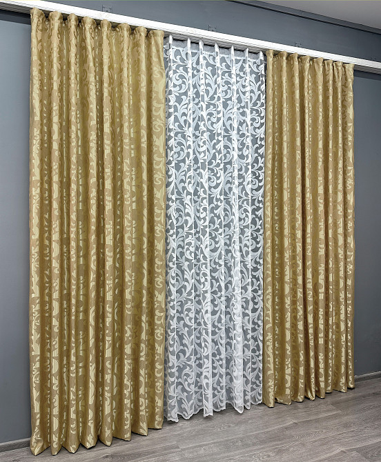Комплект штор VR-Textil Жакард Вензель 150х270 2шт і Тюль 400х270 091ш-1147т Золотистий з білим 71-097/3 Київ - фото 3