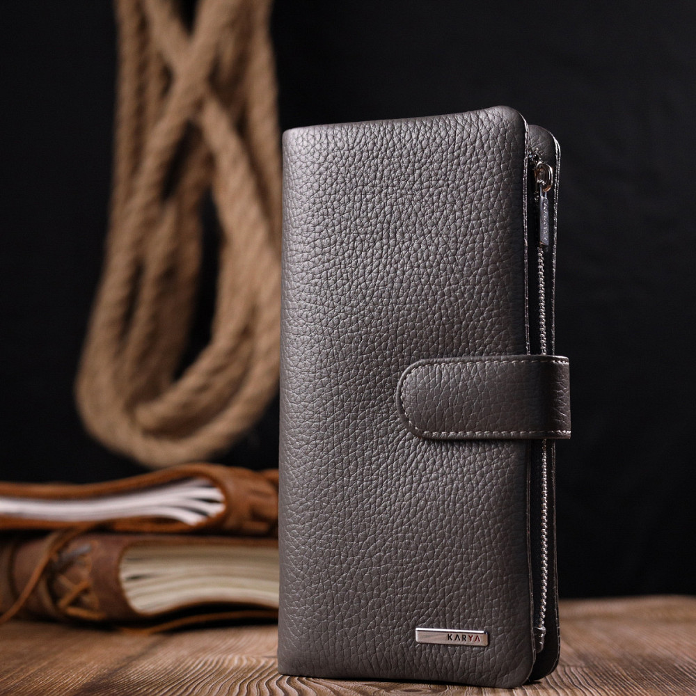 Вертикальное женское портмоне из натуральной кожи Серый (KARYA) Киев - изображение 3