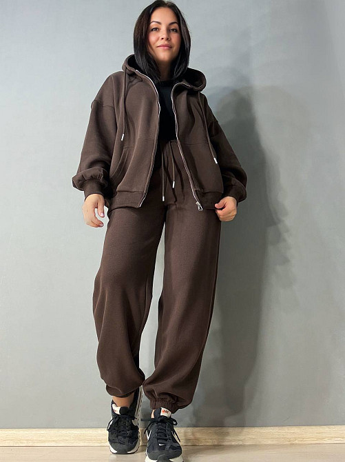 Костюм жіночий A-N 27066 спортивний оверсайз худі на блискавці та джогери коричневий, коричневий, M Київ - фото 9