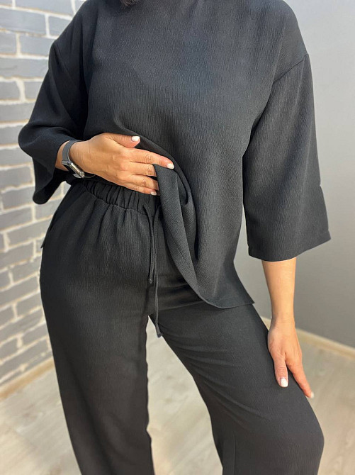 Костюм женский 1005-0712 жаткая рубашка короткий рукав разрезы и брюки палаццо черный, черный, M Киев - изображение 20