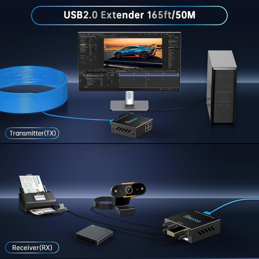 USB-удлинитель EX50-USB через Cat5e/Cat6 до 50 м, 4 порта USB 2.0, RJ45, 480 Мбит/с, Plug and Play, для камер и ПК, черный Киев - изображение 3