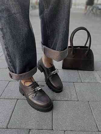 Nikos Туфлі жіночі на низькому ходу класичні з натуральної шкіри на шнурках 2129 шоколадні весн Коломия