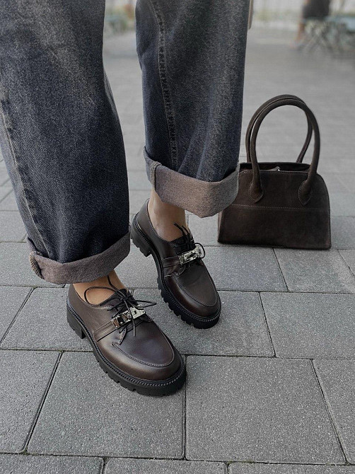 Nikos Туфлі жіночі на низькому ходу класичні з натуральної шкіри на шнурках 2129 шоколадні весн Коломия - фото 1