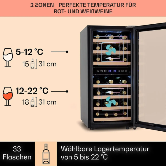 Винный холодильник Klarstein Vinamour 33 Duo на 33 бутылки, 2 температурные зоны, 5–18°C, 89 литров, нержавеющая сталь Киев