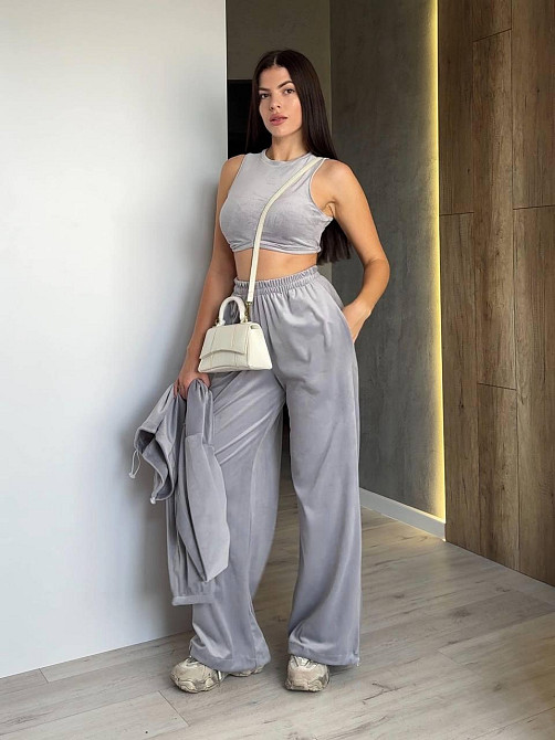 Женский прогулочный костюм тройка: худи топ и штаны велюр плюш Серый, 42/44 Одесса - изображение 3