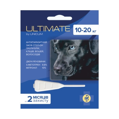 Капли для животных Unicum ULTIMATE от блох, клещей, вшей и волосоедов для собак 10-20 кг (s-метопрен, фипр) (4820150203061) Винница - изображение 1