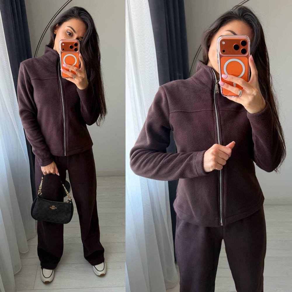 Жіночий повсякденний теплий костюм-двійка: кофта на блискавці та штани турецький двосторонній фліс Шоколад, 42/44 Одеса - фото 1