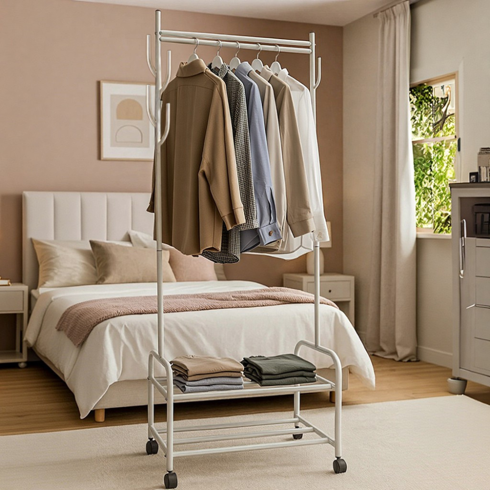 Вішалка для одягу на дві полиці для взуття, гачками для аксесуарів і поперечиною для тремпелів колір білий УЦІНКА Кам'янець-Подільський - фото 1