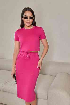 Жіночий літній костюм зі спідницею міді "Sunstyle" оптом | Норма і батал Малиновий, 50-52 Київ