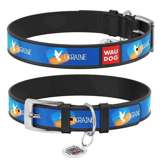 Нашийник для собак шкіряний WAUDOG Design з QR паспортом, малюнок "Прапор", XL, Ш 35 мм, Дов 46 Коломыя