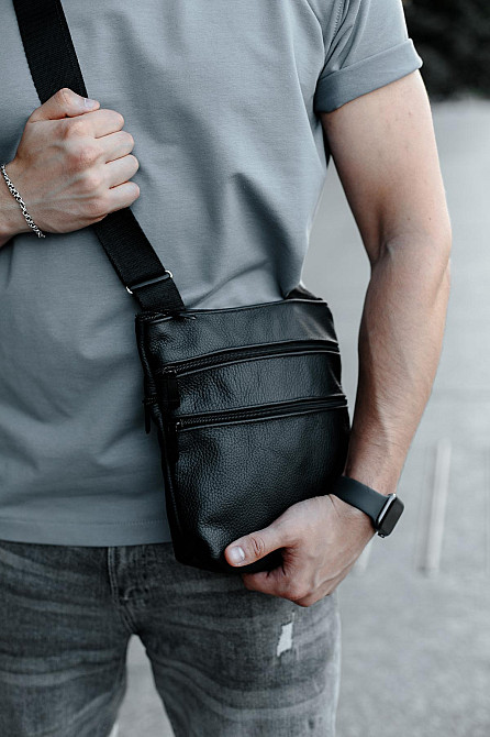 Сумка-мессенджер из натуральной кожи, сумка через плечо мужская SL029 (Черная) Сумы - изображение 3