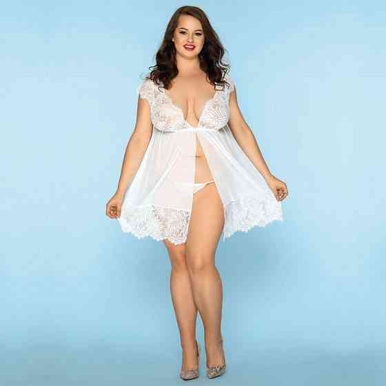 Сексуальний пеньюар JSY «Чуттєва Люсі» Plus Size, White, мереживо, дрібна сітка, стрінги Sex Aura Київ