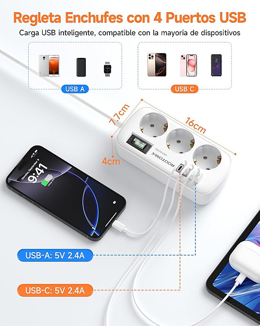 Подовжувач на 3 розетки, 2*USB, 2*Type C ROOTOMA 6188U Луцьк - фото 3