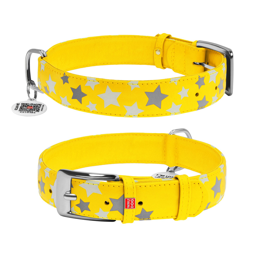 Нашийник для собак шкіряний WAUDOG Glamour з QR паспортом, візерунок "Зірочка", світонакоплювал Коломия - фото 2