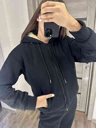 Женский утепленный костюм двойка: кофта и штаны трехнитка на флисе + мех Черный, 50/52 Одесса