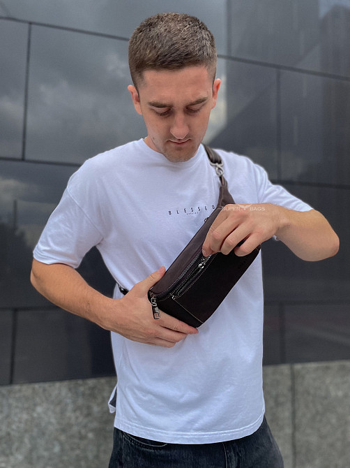 Сумка-бананка из кожи 24х11х8, мужской крези хорс для гаджетов на пояс CH-7371 коричневая Каменское - изображение 14