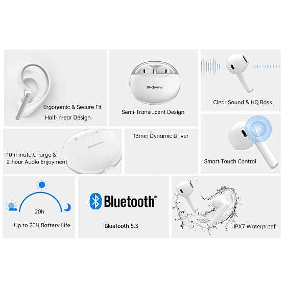 Бездротові навушники Blackview AirBuds 6 Bluetooth 5.3 Водозахист IPX7 Ультралегкі TWS Навушники Білі Київ