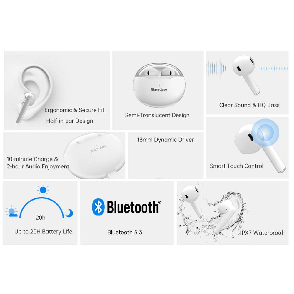 Бездротові навушники Blackview AirBuds 6 Bluetooth 5.3 Водозахист IPX7 Ультралегкі TWS Навушники Білі Київ - фото 4