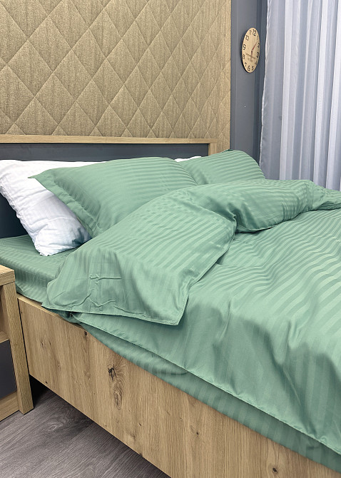 Комплект постільної білизни Страйп-сатин Двоспальний 180х220 з простирадлом на резинці М'ятний (88-173) Київ - фото 7