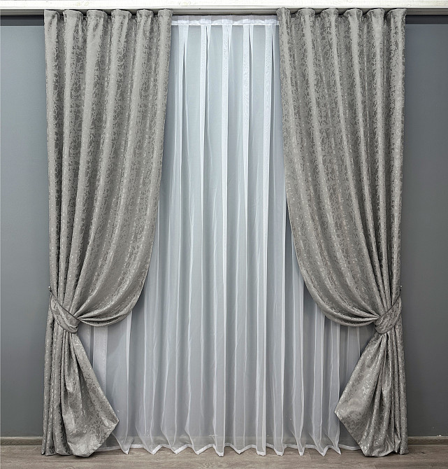 Комплект готовых штор VR-Textil Лен мрамор Pavliani VO № 1714ш серый 100х270 см 2 шт (31-820) Киев - изображение 2
