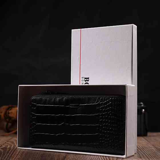 Вместительный женский кошелек из натуральной кожи с тиснением под крокодила Черный (BOND) Киев