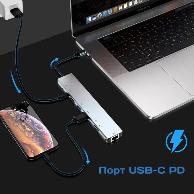 Многофункциональный USB Type-C хаб 8 в 1 с HDMI 4K, PD 87W, RJ45 Ethernet, USB 3.0, USB-C 10Gbps, SD/TF кардридер Киев - изображение 7