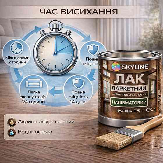 Лак для підлоги напівматовий Skyline паркетний, акрил-поліуретановий, водний, зносостійкий, без запаху, 750 мл Харків