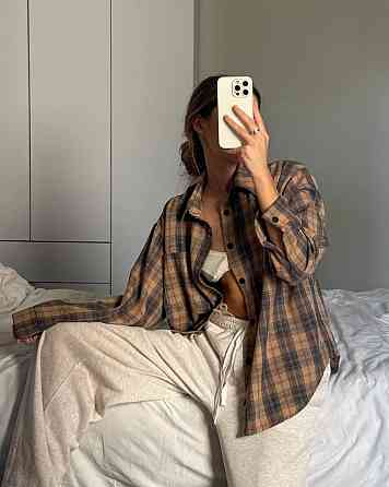 Женская трендовая оверсайз рубашка в клетку турецкий поликотон Карамельный Одесса