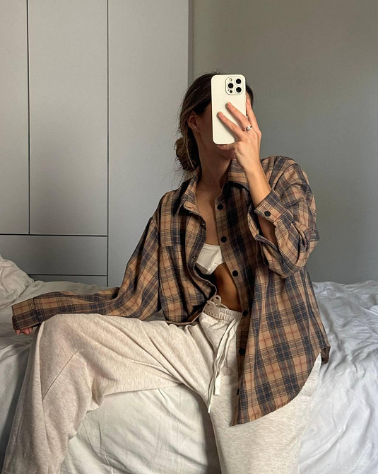 Женская трендовая оверсайз рубашка в клетку турецкий поликотон Карамельный Одесса - изображение 3